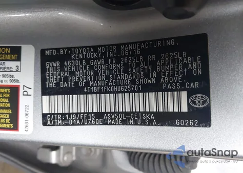 2017 Toyota Camry Le/Xle/Se/Xse from USA, damaged, VIN 4T1BF1FK0HU625701